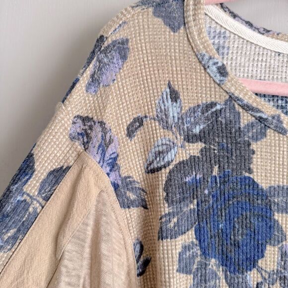 Free People Flower Patch Thermal Top Blue Roses Cream Floral Sweater Blouse - Picture 4 of 8